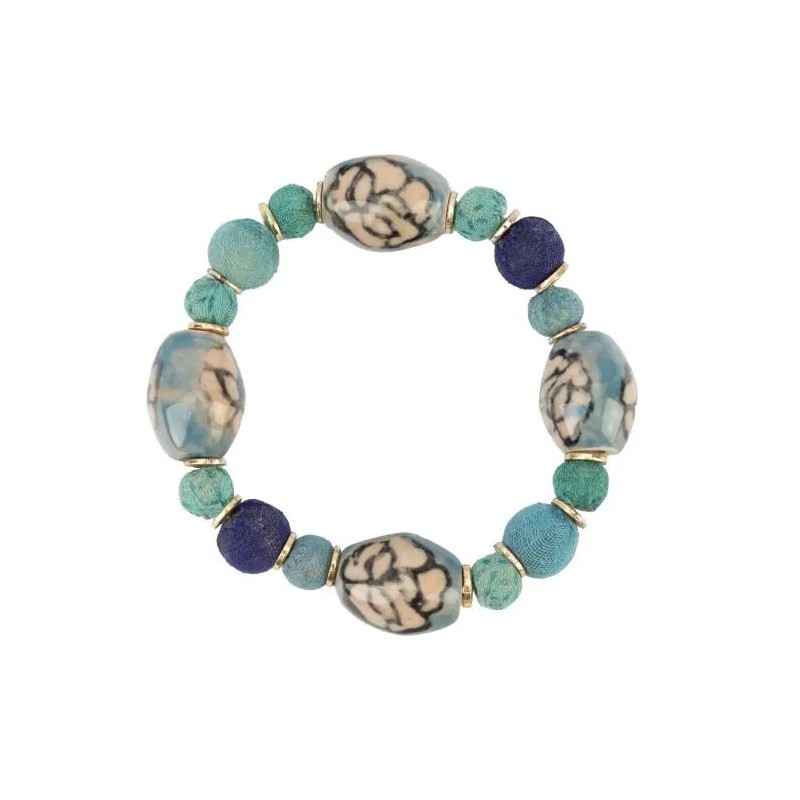 Bracelet Océan bleu / Céramique et sari recyclé - Inde