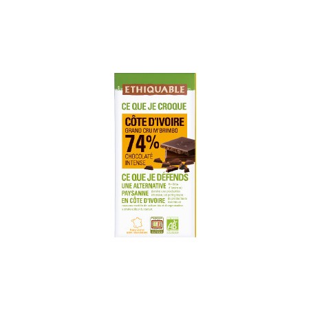 Chocolat Ethiquable noir 74% Côte d'Ivoire / 100g