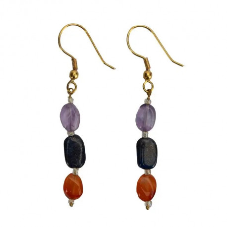 Boucles d'oreille / améthyste, lapis lazuli, cornaline, laiton - Inde