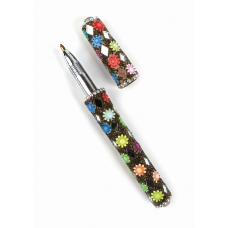 Stylo à bille avec capuchon / Métal, laque et perles - Inde