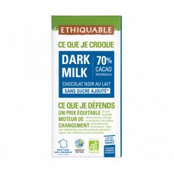 Chocolat Ethiquable Dark Milk sans sucre 70% / 100g