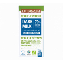 Chocolat Ethiquable Dark Milk sans sucre 70% / 100g