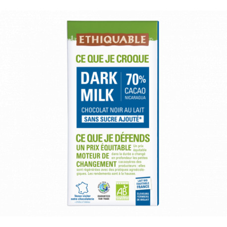 Chocolat Ethiquable Dark Milk sans sucre 70% / 100g