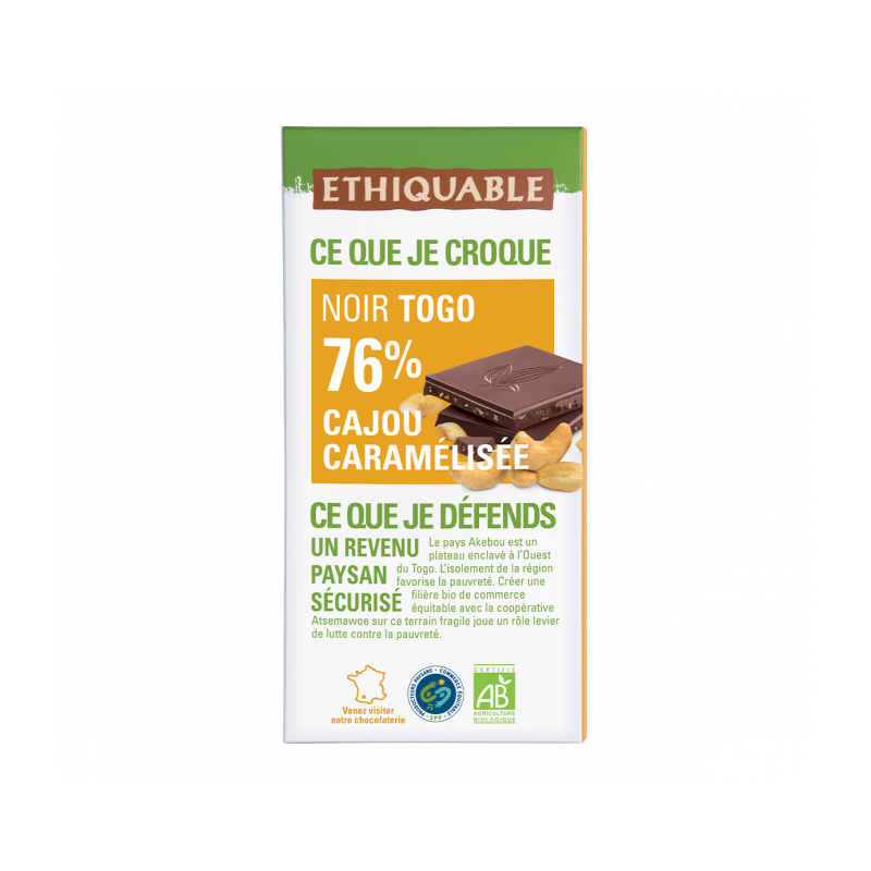 Chocolat Ethiquable Noir Togo 76% Cajou / 100g