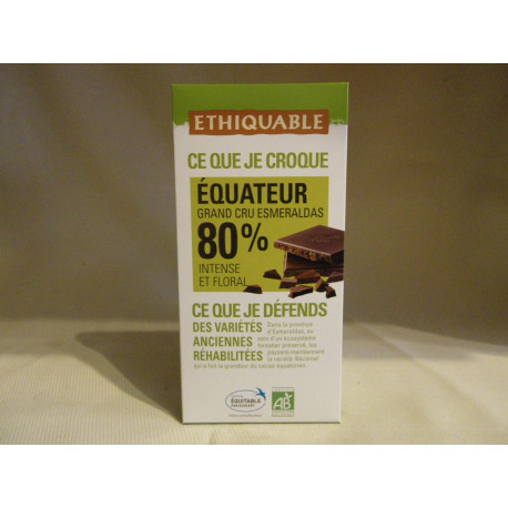 Chocolat Ethiquable Noir 80% Equateur / 100g